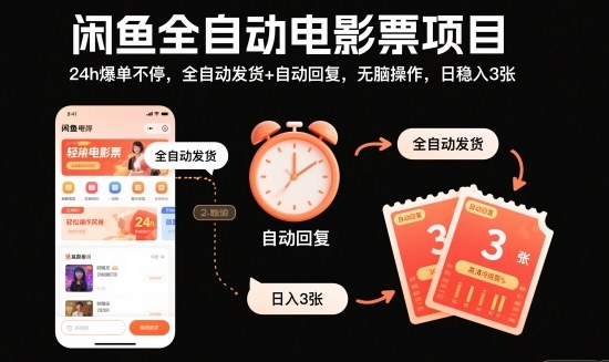 闲鱼全自动电影票项目，24h爆单不停，全自动发货+自动回复，无脑操作，日稳入3张